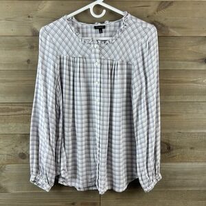 Talbots Womens Shirt Long Sleeve Button Up Plaid Ruffle Pleated Soft Medium